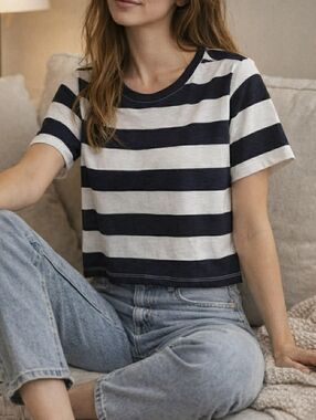 NWT Marled Essentials Navy & White Striped Short Sleeve Crewneck Top, Sz Small